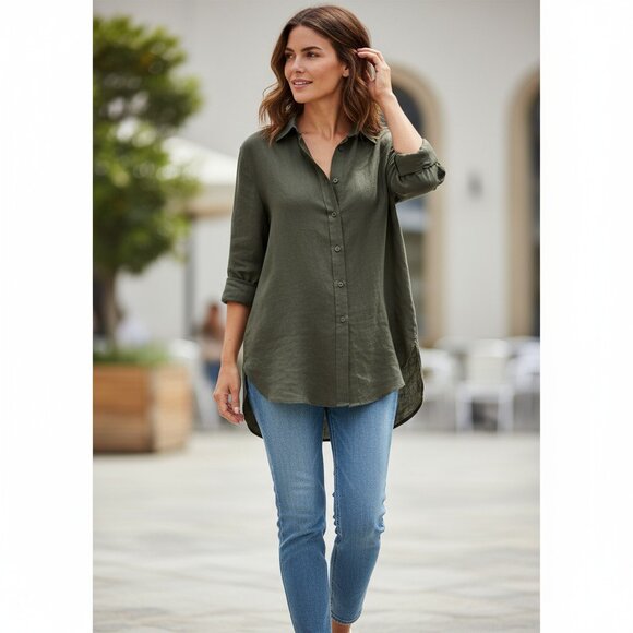 Zara Linen Collection Olive Green Shirt Tunic Button Down Oversized Vacation XS - Picture 1 of 12